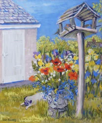 Cottage-Garten mit Vogelhaus und Mops, 2011